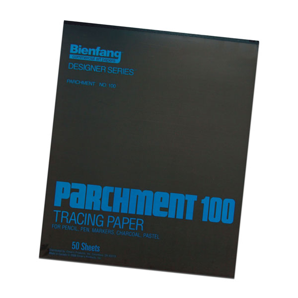 Excellent transparency and regularity in formation combine to make an excellent drawing surface.  The Parchment, part of the Designer series, is used for rough sketches, development drawings, and overlays. Available in 50 and 100 sheet pads, 24lb., 12 pads per carton.