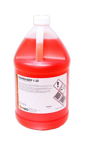DEGREASER 1:20 Concentrate is an economical degreaser with strong foaming action. It is free from Chlorine and phosphates, and is biodegradable. One quart of DEGREASER 1:20 concentrate makes 5 gallons of working degreaser solution.