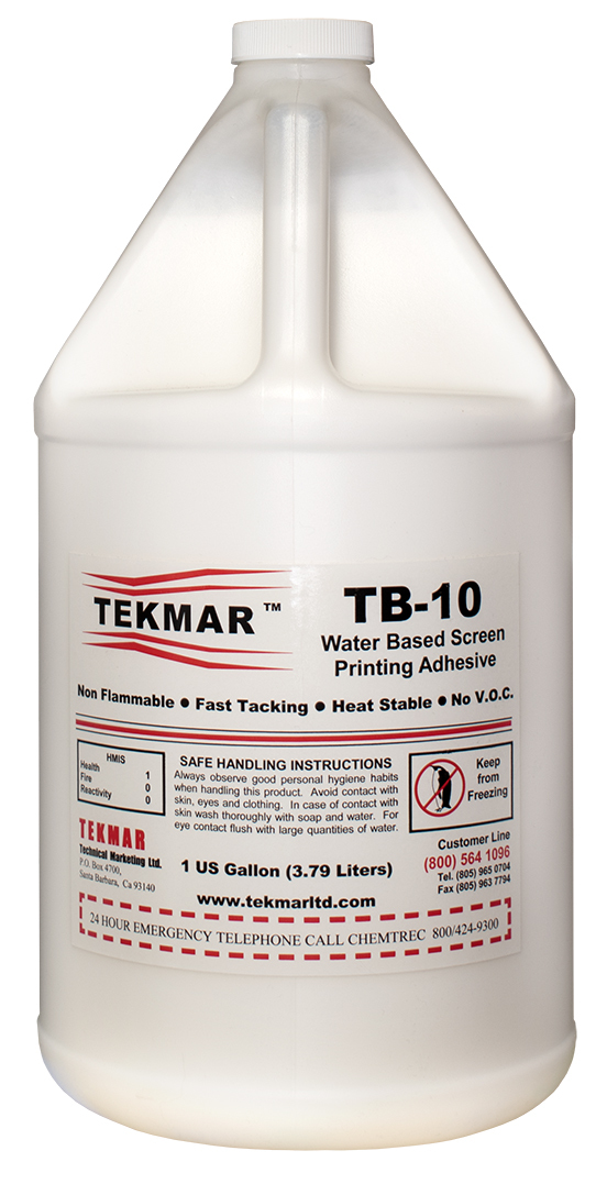 TEKMAR TB-10 is a revolutionary new adhesive, developed specifically for the textile screen printing industry. It is  manufactured using newly developed synthetic polymer technology, that until now, has not been available for screen printing applications. TB-10 is designed to be sprayed through an adhesive applicator, but can be hand applied. It affords tremendous hold down for both Tee's and sweats and has a tack time that rivals aerosol solvent based  adhesives. Should the adhesive lose its tackiness as a result of lint or fleece build-up, it can be quickly reactivated by wiping over with a damp sponge, giving maximum use and minimizing reapplication.