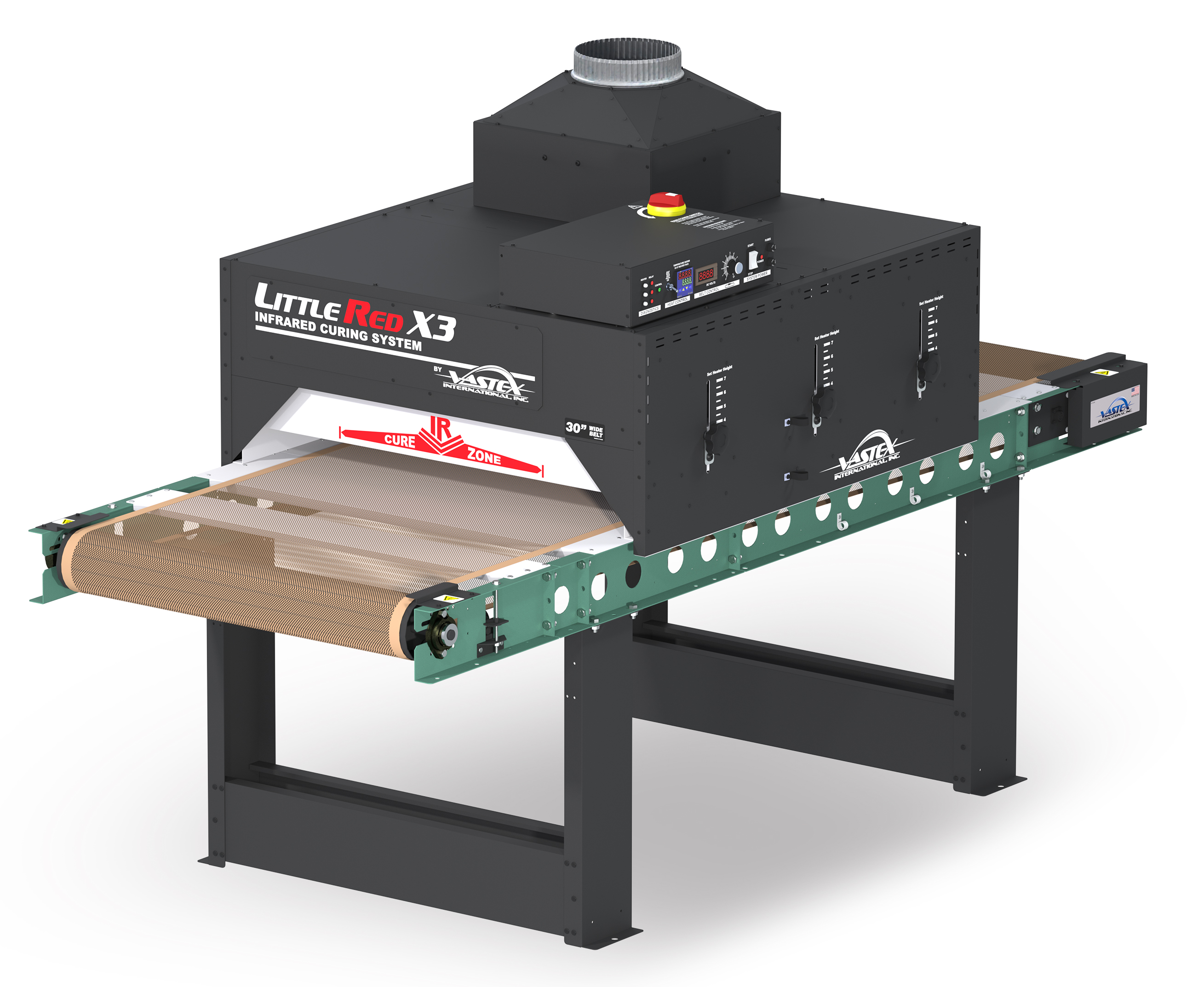 Mid- to high-capacity dryers with 30 or 54 in. wide belts. 120V/2,000 watt single-heater models up to 240V/15,600 watt three-heater models offer capacities from 90 to 720 plastisol-printed garments/h and 45 to 240/h screen printed with water-based ink.