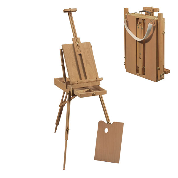 This is a world famous, finest quality, combination Sketch Box / Easel / Canvas Carrier in the French style. Made from oiled elm wood, precision hand crafted in the best tradition  of cabinet work. The sketch box is easily converted to an easel by unfolding the legs and adjusting to the desired height and position. The canvas carrier section can be raised or lowered to the desired height, or set at any angle  from forward to vertical to flat for oil or watercolor painting. Two finished canvases (each up to 33") may be carried in the canvas carrier section with the legs folded up. The drawer is metal lined for colors, brushes and accessories, and locks closed to prevent loss of contents. Includes a wood palette.