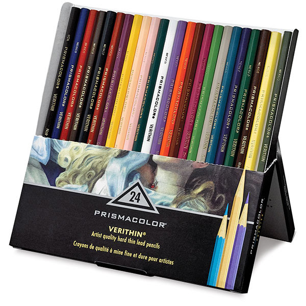 A thin lead colored pencil with brilliant colors that apply smoothly with little tendency to crumble. Verithin pencils have a rounded hexagon shape and are finished in the same color as the lead. All can be sharpened to a fine, long wearing shape. By Berol.