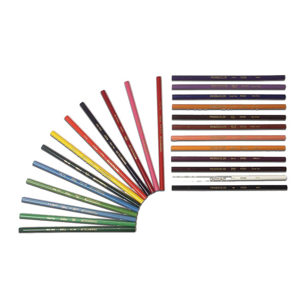 Prismacolor pencils are known for clear, bright colors of thick lead. Color goes down smoothly from long wearing points. A round pencil with bright, vivid colors that match Prismacolor Markers. By Berol