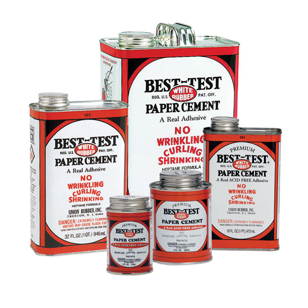 Best-Test rubber cement is made from a special premium quality of natural crude rubber, treated and blended to a formula which is one of the finest products for paper joining. For every paper joining need; photo mounting, layouts, dummies, masking, etc. There is never any curling, wrinkling or shrinking.