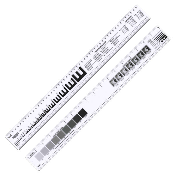 A 2 x 18" opaque laminated ruler with inches, picas and agate calibrations, plus a variety of other data including proof readers' symbols, printer rules (hairline to 12 point), ten percentage screens ranging from 10% to solid, halftone screens, and a simplified copy casting system. Twelve point standard and and ten point elite typewriter copy counters are also offered.