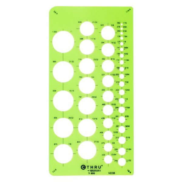 Decimal and fractional measurements of 41 circles from 1/16"  to 1" plus corner radii of 1/16", 1/8", 1/4" and 3/8".