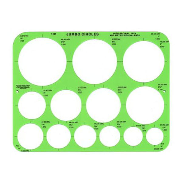 A template with very large circles from 1-1/2" to 3-1/2" diameters. Light green transparent color. 8.5 x 11".