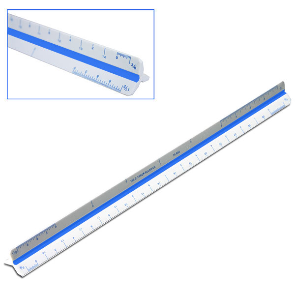 Each side of an architectural scale is divided into a different interval representing 1 foot, for drawing to different scales. Includes intervals of 3", 1.5", 3/4", 3/8", 3/16", 3/32", 1", 1/2", 1/4", 1/8" and 1/16", each running the full  12" of an edge.