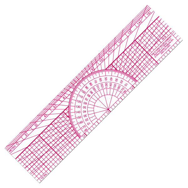 1.5 x 6" engineers' protractor ruler with centimeter scale and inch calibrations in tenths. <br /><br /> C-Thru rulers are clear plastic with red markings in various  scales and grids. There markings are easy to read for close  registration over black lines beneath. Markings are laminated so they will not rub off.