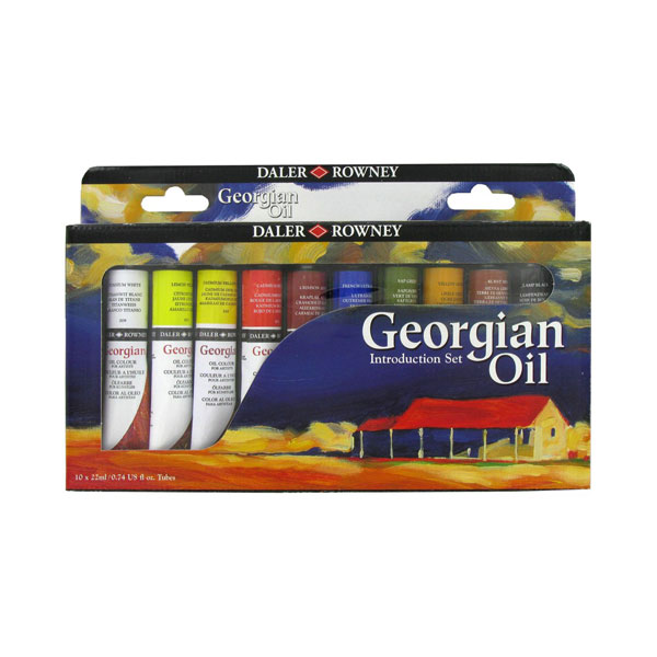 A popular oil painting selection of (10) 22 ml tubes of oil color in a full color box. Includes the following colors:<br /><br /> Titanium White<br /> Lemon Yellow<br /> Cadmium Yellow Hue<br /> Cadmium Red Hue<br /> Crimson Alizarin<br /> French Ultramarine<br /> Sap Green<br /> Yellow Ochre<br /> Burnt Sienna<br /> Lamp Black<br />