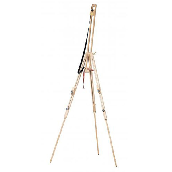 Constructed of oiled beech wood, this field easel is compact, portable and easy to set up. For transport, simply fold and secure the tripod legs with the leather strap and buckle. Hardware allows for easy angle and height adjustment. Legs are tipped with non-skid rubber feet. Holds  canvases up to 42" high. Overall measurements: 38" x 38" x 76".