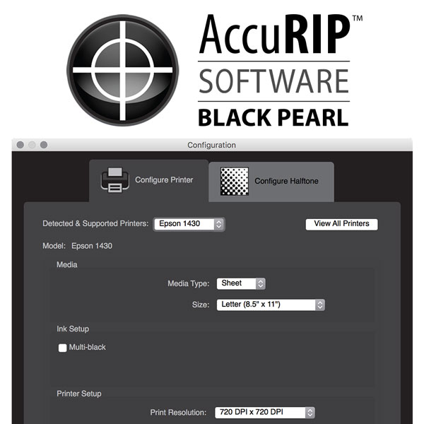 AccuRIP Black Pearl, released March 2015, supports the T-3270, 4900, 1400, 1430 as well as dozens of other popular Epson printers. For a full list click "read more". Costing just pennies a day, all AccuRIP versions perform a critical task in film output production by translating the PostScript  data of a graphics file to a non-PostScript device (Epson Inkjet). An Epson Printer Driver does NOT have the capability to manage PostScript graphics files or to control  ink lay down.<br><br> As always, AccuRIP Black Pearl and SE are engineered for both Windows and Macintosh operating systems and includes a  comprehensive support policy including the Parachute Plan. <br><br> The software drives the film output process. Film output results determine screen exposure quality and ultimately on-press success.<br><br> Your return on investment (ROI) is so fast, users frequently report they make enough profit to cover its cost during the free trial period or soon after purchase. Note: AccuRIP Black Pearl has a free, fully-functional trial, the SE version does not.<br><br> Software provides one of the greatest values to a business. Like your Adobe and Corel software, AccuRIP Black Pearl is an integral part of your business success! We know you use software for all the right reasons and count on it everyday, that's why we engineer software that's easy to use, while delivering the finest results.<br><br> Imagine your business life without software. You'd be living in decades like the '70s and '80s (we remember it well). It's 2017 and Freehand Graphics remains your industry go-to resource, incorporating decades of unprecedented screen-print knowledge and experience into expertly engineered pre-press software and solutions priced for your quick ROI. Be smart, use AccuRIP Black Pearl or the SE edition, All Black Ink, D-Max Dye Ink, Separation Studio, the Ditto Inkjet Film Feeder, and Amaze-Ink.<br><br> Incredibly easy to setup using the Auto Wizard, AccuRIP provides accurate PostScript Level 3 RIP translation from file to film through an Epson Inkjet. Your Inkjet is an efficient film output device thanks to software that delivers the critical controls.<br><br> One of the greatest features of AccuRIP Black Pearl (not available in the SE edition) is the All Black Ink* (Multi-black) software feature. This ability is the brainchild of FreehandUs CEO, Charlie Facini, and like all Freehand products brought cost saving efficiency and quality to pre-press.<br><br> Already an AccuRIP 1.03 or earlier user? Upgrade to AccuRIP Black Pearl from this web store. There is NOT an upgrade path from AccuRIP 1.03 or earlier to the SE version.<br><br> The AccuRIP Black Pearl SE edition was engineered through a partnership with Epson America. Epson bundles this solution with the SC T-3270 and SC P800 (screen print edition) printers, so from the moment your hardware is delivered, the film output software is on hand and ready for setup. Since the software is bundled with the printer, make your purchase through a select small group of Epson Authorized Resellers (not all Epson Resellers will bundle AccuRIP SE).<br><br>