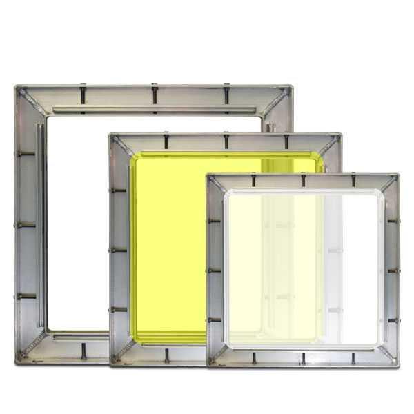 The Diamond Chase self tensioning frames quickly lock any type of fabric (including stainless) into four frame locking  channels. These channels are then tightened away from the center with the use of recessed countersunk allen head or hex head bolts. Frame dimensions and maximum sizes are listed.