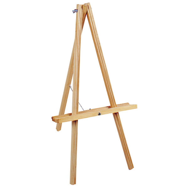 A table top tripod easel that folds for easy storage. Made of select quality, dark stained wood, it stands 25" high and  will hold canvases up to 22" high. The two piece tray clamps at any height and the rubber tipped feet prevent slipping. Also excellent for display.