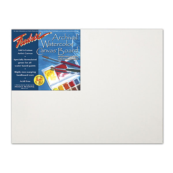  Fredrix Watercolor Canvas Archival Board is a 100% cotton artist canvas which combines the texture of a natural, woven fabric with a  specially formulated gesso designed for all water-based paints. The canvas is mounted with acid-free adhesive onto tempered hardboard that is guaranteed not to warp or rot. It is versatile and durable. You can lightly lift out pigment or completely wash out your painting surface without damaging the canvas surface. Individually shrink wrapped, 12 per ctn.