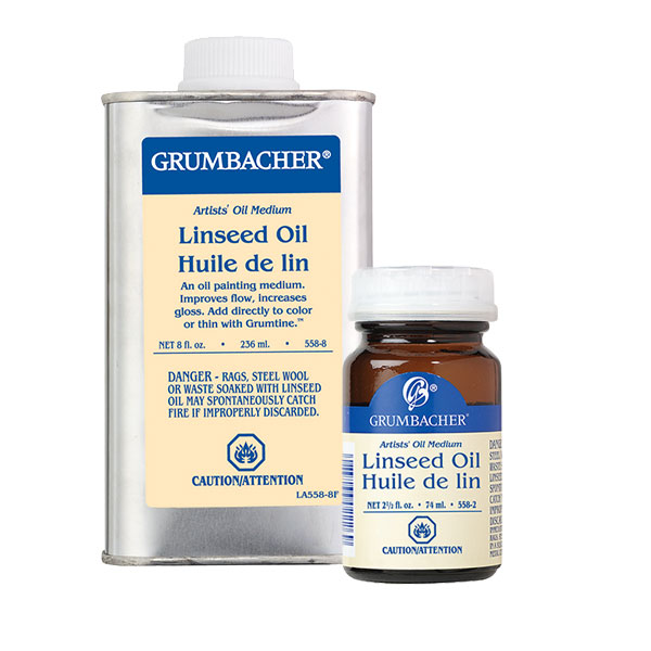 Artist grade linseed oil is a pale golden yellow colored oil  that is extracted from the seeds of the Flax plant. This oil has been highly purified, but not processed by heat. Linseed oil can be used by itself; however, it is normally used in combination with other mediums and solvents. Linseed oil lowers viscosity of oil paint but does little to  alter the "shortness" of tube oil paint. The oil does produce a tough, flexible paint film that is not likely to crack.