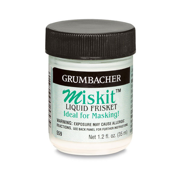 Miskit is a liquid masking friskit that keeps color from adhering to areas where it is not wanted. Simply paint on Miskit to areas you wish to remain uncolored. As soon as the  paint is dry, lift or rub off the Miskit. Miskit has a color  indicator for instant recognition of areas covered on artwork. It is also non-staining. Recommended for water color painting, photo retouching, airbrush and where ever accurate friskiting is required.