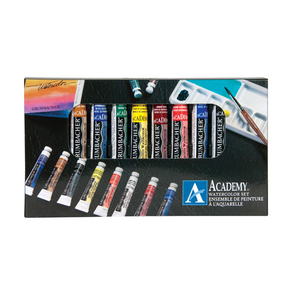 A set that features (10) 7.4 ml tubes of Academy watercolors, a brush and a separate palette with instructional material, packed in a fiber box. Includes the following colors:<br /><br /> Grumbacher Red<br /> Alizarin Crimson<br /> Burnt Sienna<br /> Yellow Ochre<br /> Cadmium Yellow Pale Hue<br /> Thalo Green<br /> Cobalt Blue Hue<br /> Ultramarine Blue<br /> Ivory Black<br /> Chinese White<br />