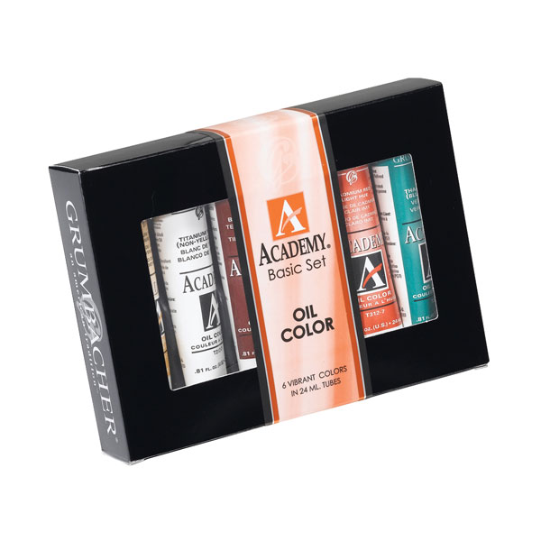(6) tubes of Academy oil color with assorted literature in a  full color attractive box. Includes the following colors:<br /><br /> Cadmium Red Light Hue<br /> Cadmium Yellow Medium Hue<br /> Thalo Blue<br /> Thalo Green<br /> Thio Violet<br /> Titanium White