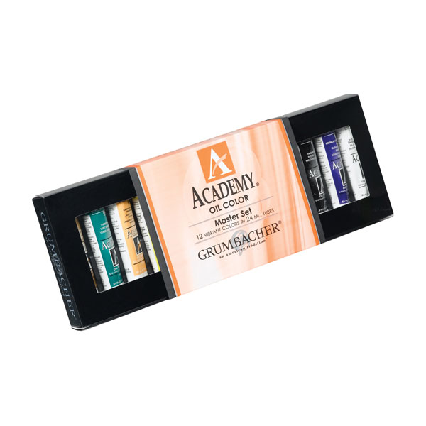(12) tubes of Academy oil color in .8 oz (24 ml) tubes. Includes the following colors:<br /><br /> French Ultramarine<br /> Yellow Ochre<br /> Alizarin Crimson<br /> Burnt Sienna<br /> Cadmium Yellow Medium<br /> Cadmium Yellow Pale<br /> Viridian<br /> Burnt Umber<br /> Cadmium Red Medium<br /> Cobalt Blue<br /> Ivory Black<br /> Titanium White<br />