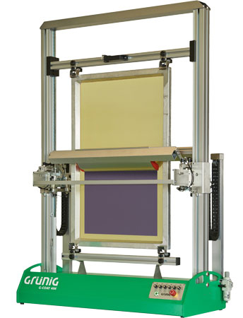 The screen holder can be adapted to match frame profile thicknesses between 5-25 mm or 20-40 mm. All the pertinent coating parameters can be smoothly and easily programmed by means of the control panel. This machine provides for one-sided or double-sided simultaneous screen coating. To optimize the coating surface, the frame profile height can be adjusted within a range of 25 and 100 mm via a rotary knob on the control panel. The contact pressure and the trough tipping procedures are controlled by the pneumatic system. Extremely smooth operation of the coating carriage thanks to the use of special sliding guides and a special toothed belt drive unit. Safely reproducible coating results with direct coating wet-on-wet or during subsequent coating. Easy-to-use manual functions.