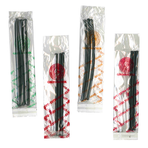 Selected charcoal available in three degrees that are packed  24 sticks per box in eight cellophane envelopes of three sticks each.  This helps keep the sticks dry and also helps prevent breakage. Sticks  are 3/16" x 6" long, and round in shape. By Sanford.