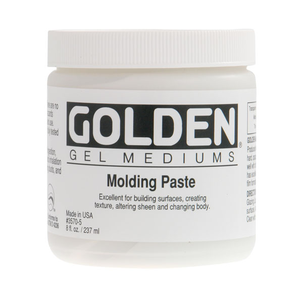 An extra thick acrylic polymer emulsion that is used to produce three dimensional forms. It can be modeled or textured when wet, or sanded and carved after it is dry. Modeling paste is used extensively for frame decoration.