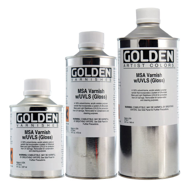 These acrylic varnishes are made from non-yellowing acrylic resin suspended in mild solvent. They are crystal clear when  dry, and form a solid, non-porous film. Being of a re-soluble nature, these varnishes can be removed, even after many years, with mineral spirits or turpentine. For use over oil, acrylic, casein, or Magna paints.