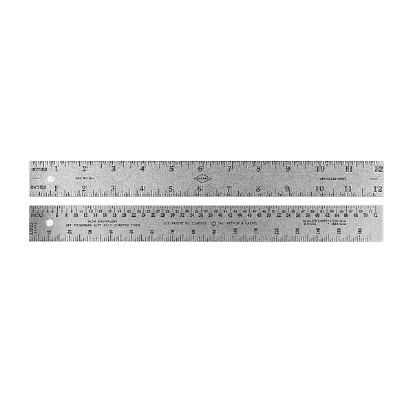A two-sided ruler with inches marked to the 16th on the front and picas and lines on the back.