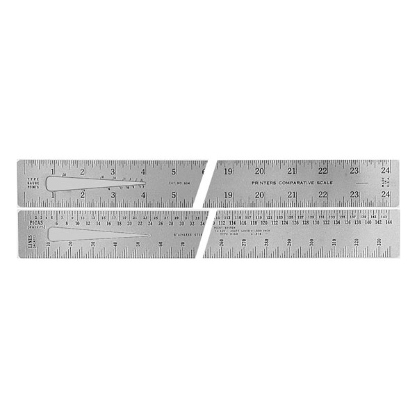 Two-sided, 1-1/2" wide ruler, available in 24" and 36" lengths. The front has inches in 16ths on both edges and a type gauge slit on the left, giving the type size markings  from 5-30 points. The back has picas/half-picas on one edge  and agate on the bottom.