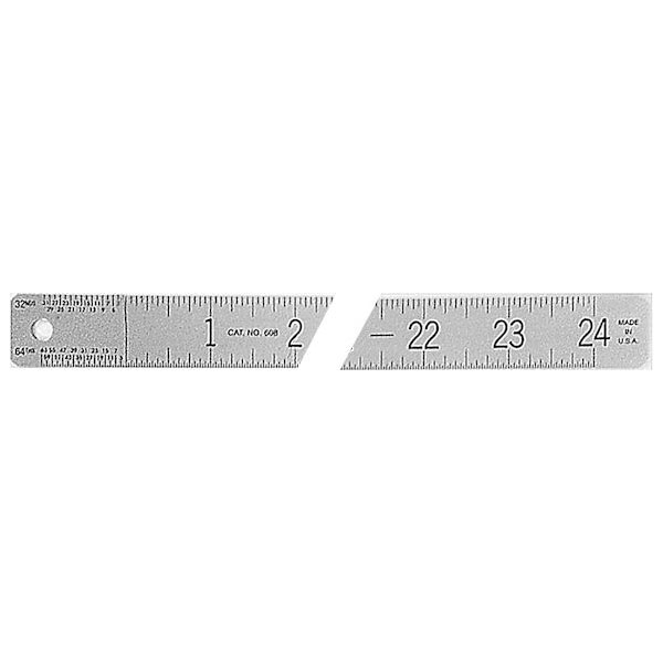 A narrow, flexible (7/8" wide) ruler graduated in 16ths and 32nds with sub zero end in 32nds and 64ths. One-sided.