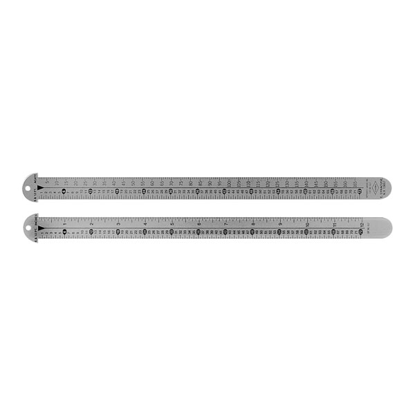 A two-sided ruler with the front in 6 and 12 point with inches. The back has 6 and 12 point with agate. Stainless steel ruler with a special end that catches on the edge of printed stock for easy measuring.