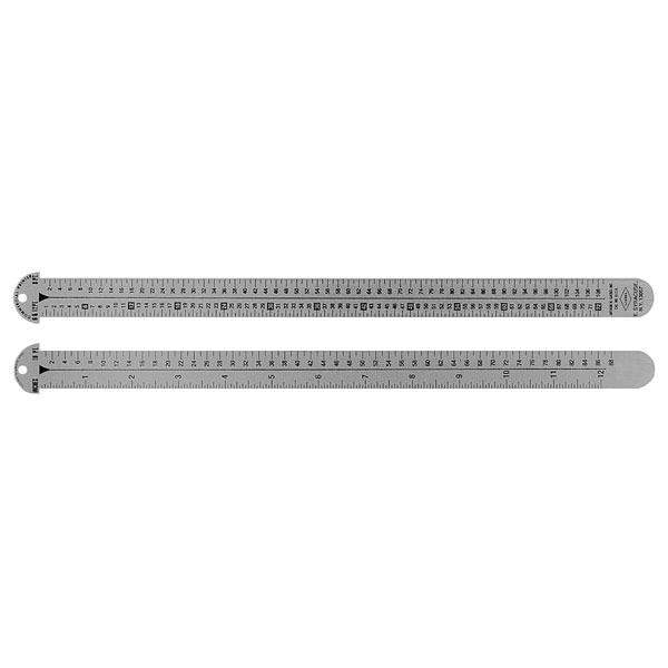 A two-sided ruler with the front in 6 and 12 point with 8 point. The back has 8 point and inches. Stainless steel ruler with a special end that catches on the edge of printed  stock for easy measuring.