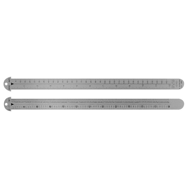 A two-sided ruler with the front in 6 and 12 point. The back  has inches and agate. Stainless steel ruler with a special end that catches on the edge of printed stock for easy measuring.
