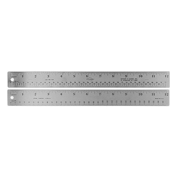 A two-sided, 1-1/4" wide ruler with the front in inches and picas, and the back in inches and agate.