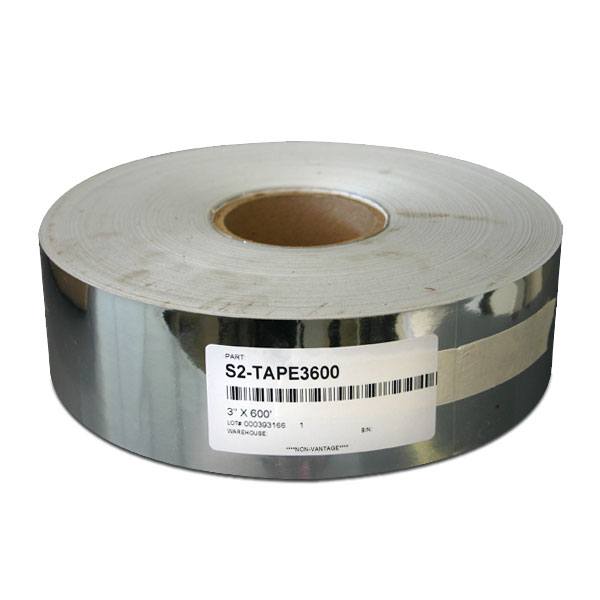 A 2.0 mil silver metallized, not-top coated polyester tape with a removable acrylic adhesive and a 90lb layflat liner. Very durable and very thin compared to conventional tapes. Ideal for hot melt screens and protecting screens from abrasion. 3" x 600' roll, 9 per case. <br /><br /> <span style=color:red>Click "Read More" below to see tape comparison chart.</span>