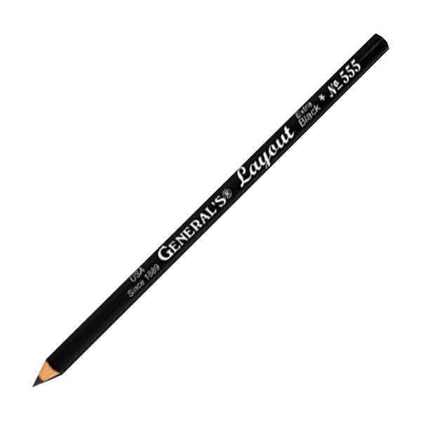A standard size round pencil with black graphite lead. Very soft, equal to 6B, an excellent tool for art department, sketching, and general layout work. By General Pencil, 12 per sleeve.