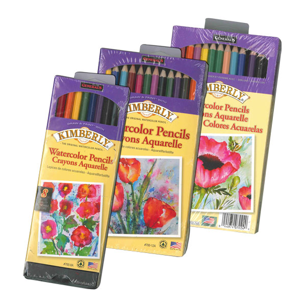 The General Pencil Kimberly watercolor pencil is like any other colored pencil when dry, and can be used for all drawing and sketching, but the application of water will completely dissolve them. This allows a watercolor look from  a pencil drawing. Available in sets only, in hexagonal wood cases.