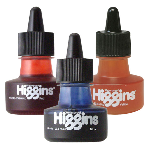 A series of transparent colors in 17 shades. These waterproof inks can be diluted with water, intermixed or used straight from the bottle. For use on paper, not recommended for drafting film. In 1 oz plastic bottles with dropper stoppers.