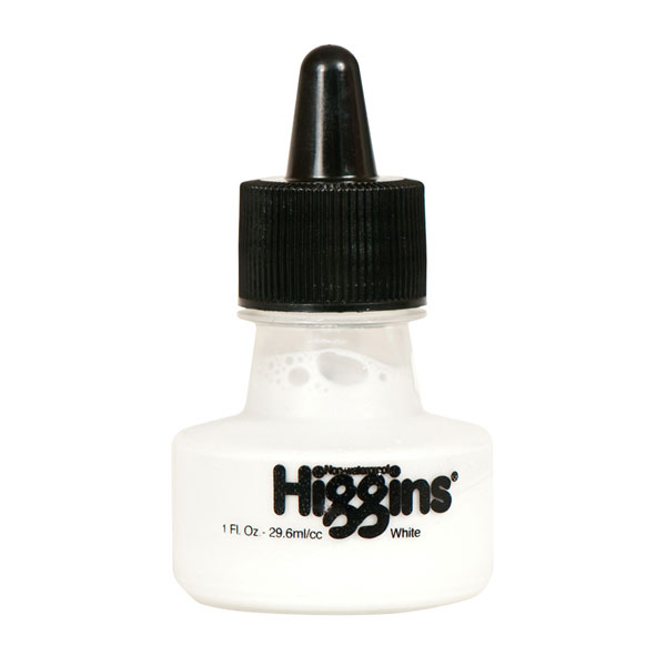 Higgins Super White is a non-waterproof, bright white for opaquing and highlighting with brush or air brush. Covers quickly and wipes off with water. For quill, steel point and  technical pens. In 1 oz bottles.
