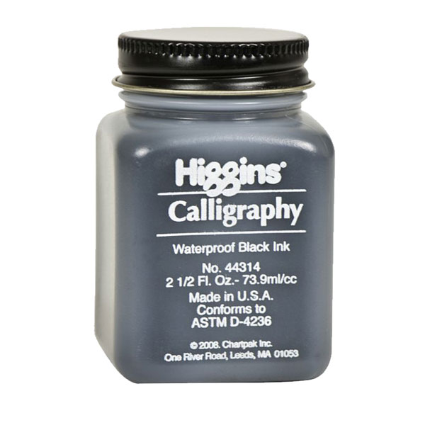 Higgins calligraphy ink is a permanent carbon, waterproof ink for use in any fountain pen. In 2.5 oz plastic bottles.