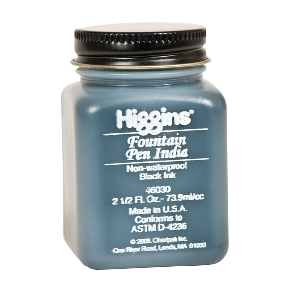 Higgins fountain pen india ink is a free-flowing, non-waterproof black ink for lettering, sketching, calligraphy and italic writing. In 2.5 oz plastic bottles.