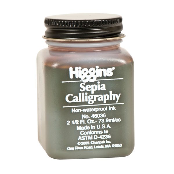 Higgins Sepia Calligraphy ink is non-waterproof with a rich antique brown color. Its especially free flowing formula is ideal for use in calligraphy and fountain pens. In 2.5 oz bottles.