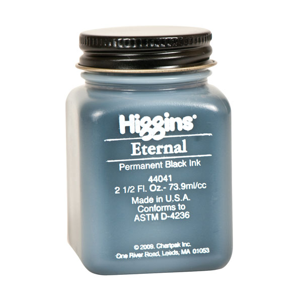 Higgins Eternal is a waterproof black ink for all office reproduction work. A free-flowing, permanent carbon black for  all fountain and calligraphy pens. In 2.5 oz bottles.