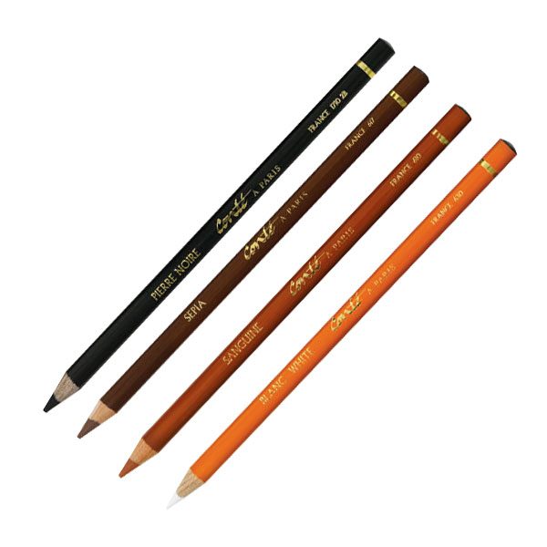 These Conté pencils are the same as Conté crayons, but in pencil form. They feature a large diameter lead in a wood  case. Conté products are known for their rich brown tones and the Pierre Noir for deep blacks. 12 per box.