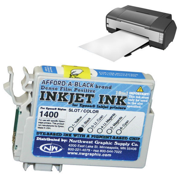 <p>Afford-A-Black is the only ink designed for film positive output on ink jet printers. This is a dye ink formulated for clear ink jet film that is scratch resistant and quick drying, with excellent UV blocking characteristics. There are cartridges for all the popular Epson printers. Note: all cartridges contain black ink. Where a color is named, it indicates the slot the cartridge is designed to replace. All fast inks are designed for use with Accurip and other raster image processors.</p>