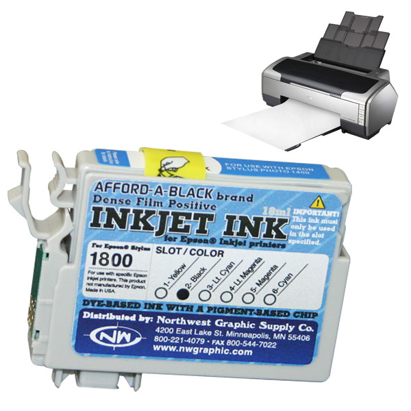 <p>Afford-A-Black is the only ink designed for film positive output on ink jet printers. This is a dye ink formulated for clear ink jet film that is scratch resistant and quick drying, with excellent UV blocking characteristics. There are cartridges for all the popular Epson printers. Note: all cartridges contain black ink. Where a color is named, it indicates the slot the cartridge is designed to replace. All fast inks are designed for use with Accurip and other raster image processors.</p>