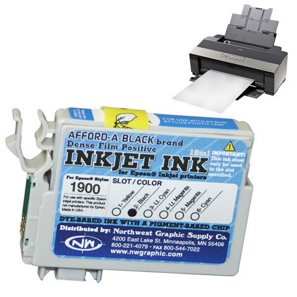 Inkjet ink for film positive printing. Dye-based ink with a pigment-based chip.