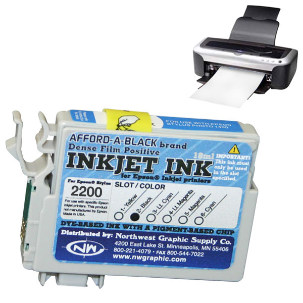Inkjet ink for film positive printing. Dye-based ink with a pigment-based chip.