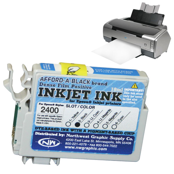 Inkjet ink for film positive printing. Dye-based ink with a pigment-based chip.